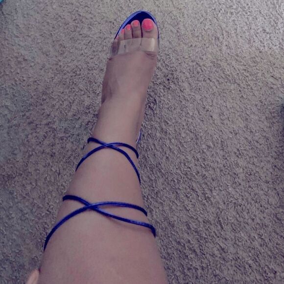 Blue High Heels Sandals with Rhinestone Block Heel & Strappy Adjustable Ankle - Picture 8 of 8